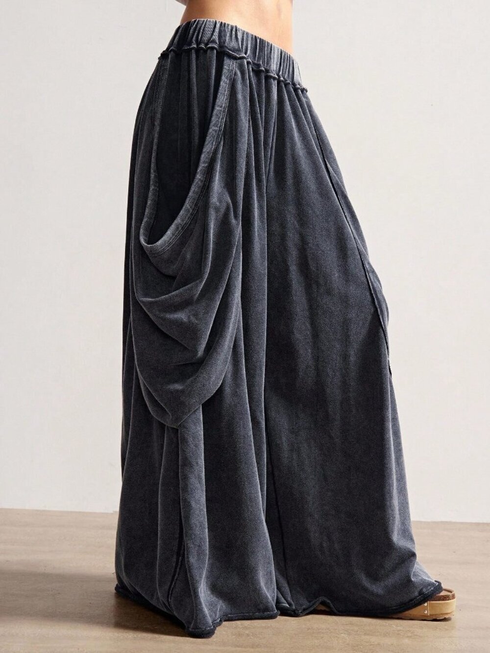 Black Casual Women's Knitted Loose Washed Baggy Flowy Ruffle Wide Leg Pants